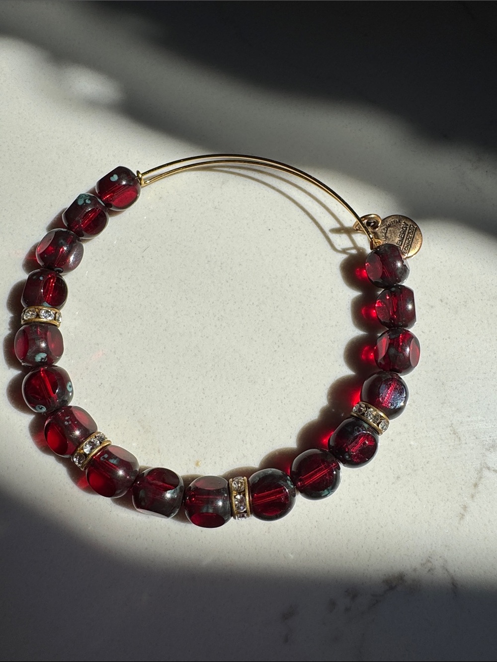 Alex and Ani Gold-Tone Bracelet with Deep Red Beads